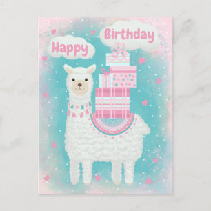Carte Postale Mignon lama rose et turquoise avec des cadeaux