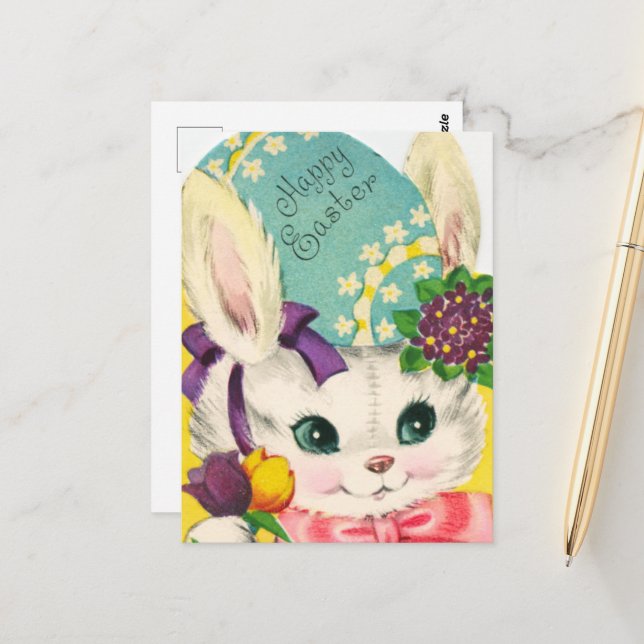 Carte Postale mignon lapin vintage de Pâques rétro (Devant/Arrière en situation)