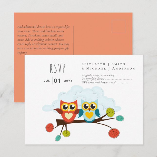 Carte Postale Mignonette OWLS Mariage à thème Bleu orange (Devant / Derrière)
