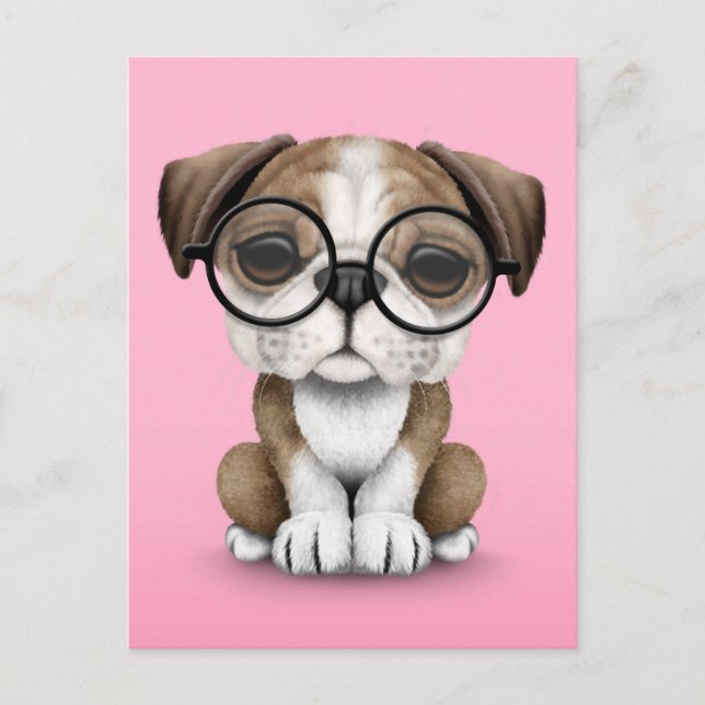 Carte Postale Mignonne Anglais Bulldog Chiot Portant des lunette (Devant)