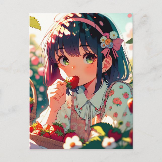 Carte Postale Mignonne Anime Girl Mange des fraises (Devant)