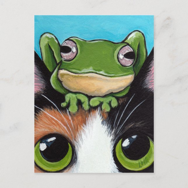 Carte postale mignonne de grenouille et de chat (Devant)