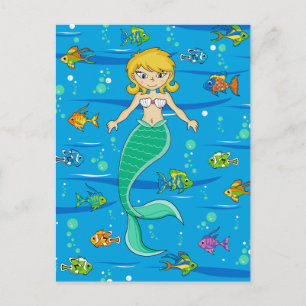 Carte postale mignonne de sirène et de poisson