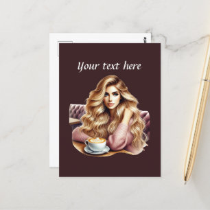 Carte Postale Mignonne femme de café ajouter du texte