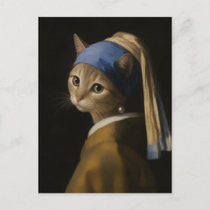 Carte Postale Mignonne Fille au Chat avec une Perle Art