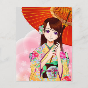 Carte Postale Mignonne Fille En Kimono Floral Rose Avec Paraplui