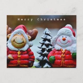 Carte Postale Mignonne orignal et bonhomme de neige dans la neig