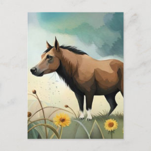 Carte Postale Mignonne poney brun dans le champ floral