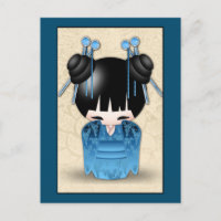 Mignonne Poupée Japonaise Kokeshi Habillée En Bleu