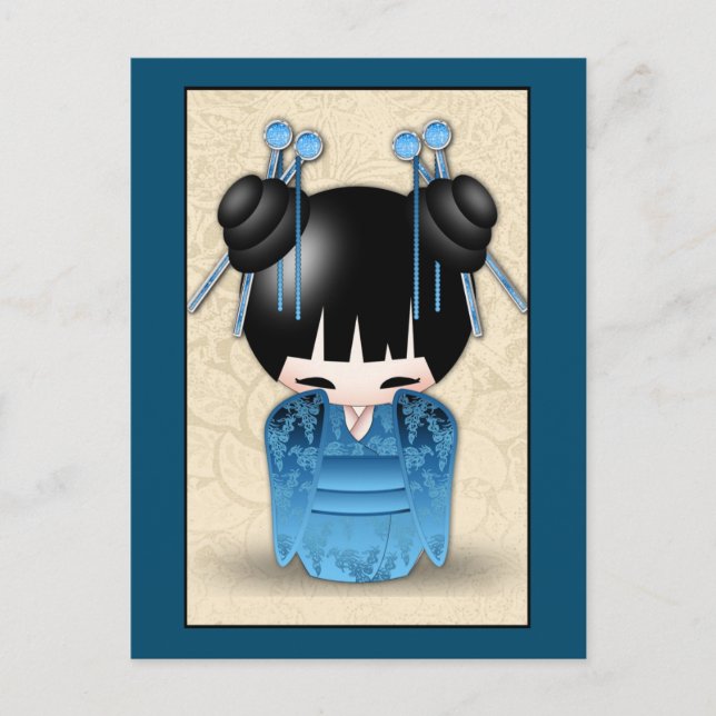 Carte Postale Mignonne Poupée Japonaise Kokeshi Habillée En Bleu (Devant)