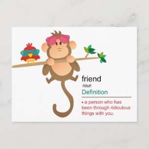 Carte Postale Mignonne singe caricaturale et oiseau aux tons mod