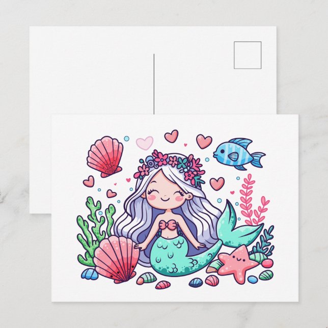 Carte Postale Mignonne sirène de dessin (Devant / Derrière)