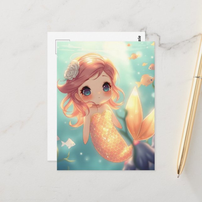 Carte Postale Mignonne sirène d'or dans le monde sous-marin (Devant/Arrière en situation)