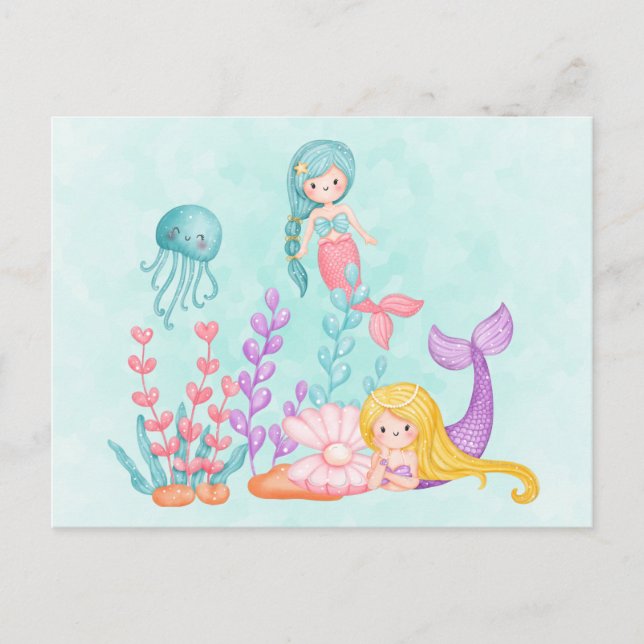 Carte Postale Mignonne sirène sous l'aquarelle de la mer (Devant)