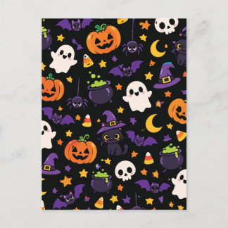 Carte Postale Mignonne Sorcière d'Halloween Chat Noir Citrouille