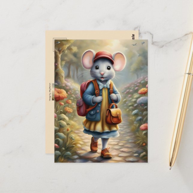Carte Postale Mignonne souris fille sur le chemin de l'école, co (Devant/Arrière en situation)
