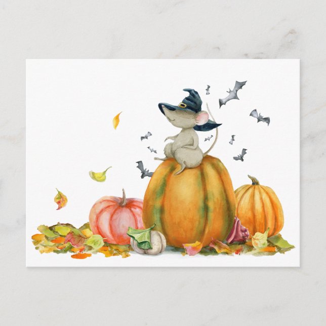 Carte Postale Mignonne souris sorcière sur le citrouille (Devant)
