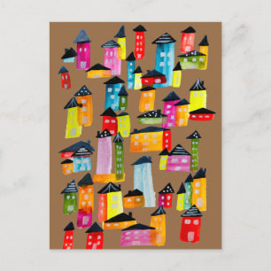 Carte Postale Mignonnes maisons colorées aquarelle art