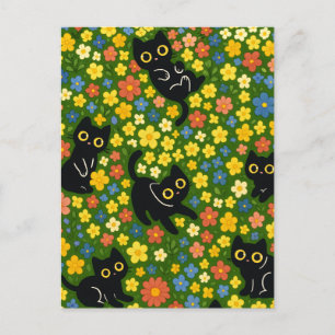 Carte Postale Mignons Chats Noirs Motif Floral de Prairie