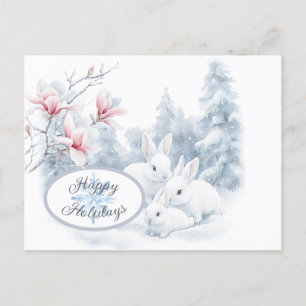 Carte Postale Mignons lapins blancs en vacances d'hiver neige