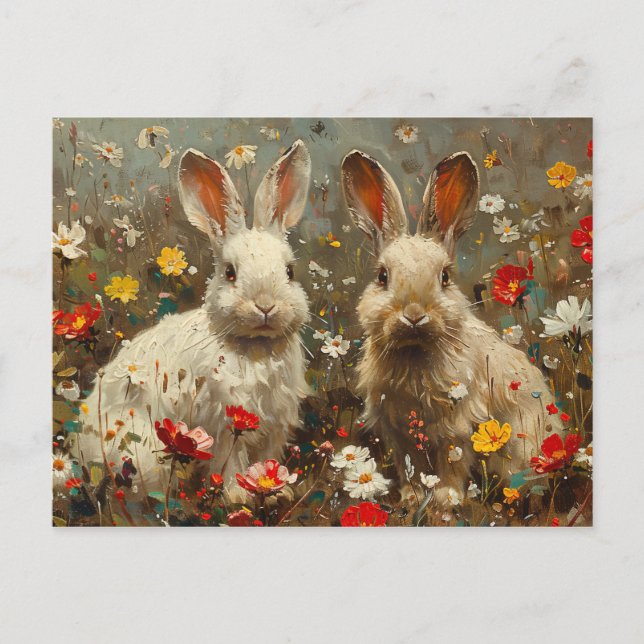 Carte Postale Mignons lapins en Fleur sauvage peinture de champ (Devant)