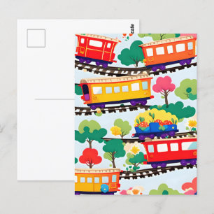Carte Postale Mignons trains et arbres bleu motif