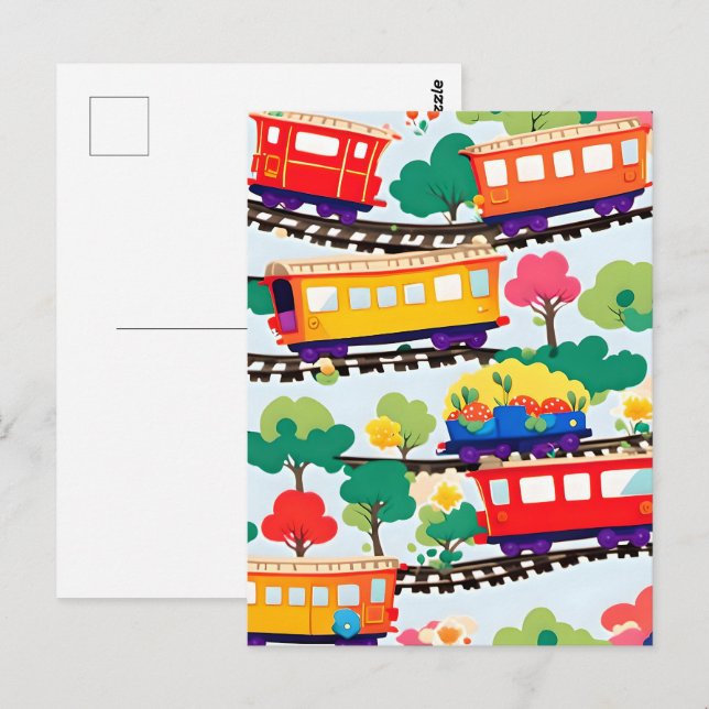 Carte Postale Mignons trains et arbres bleu motif (Devant / Derrière)