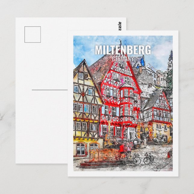 Carte Postale Miltenberg Allemagne Fameux Travel Place aquarelle (Devant / Derrière)