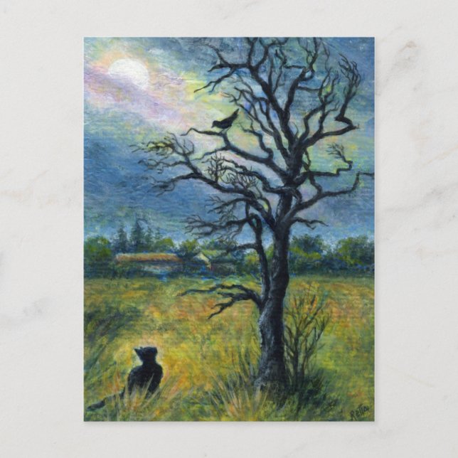 Carte postale Mini Art Cat & Bird & Moon (Devant)