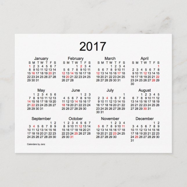 Carte Postale Mini calendrier 2017 par Janz avec jours fériés (Devant)