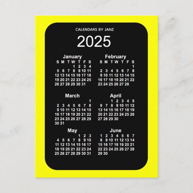 Carte Postale Mini calendrier 2025 Jaune Neon 6 mois par Janz (Devant)
