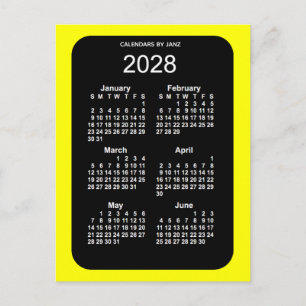 Carte Postale Mini calendrier 2028 Jaune Neon 6 mois par Janz