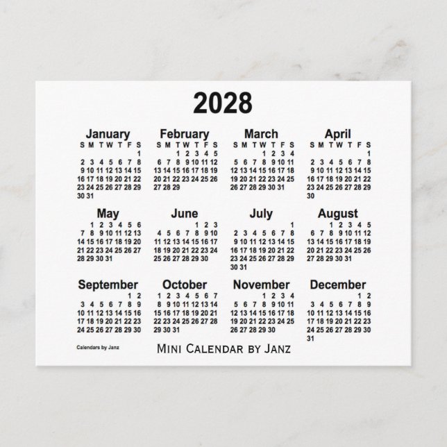 Carte Postale Mini calendrier blanc 2028 par Janz (Devant)