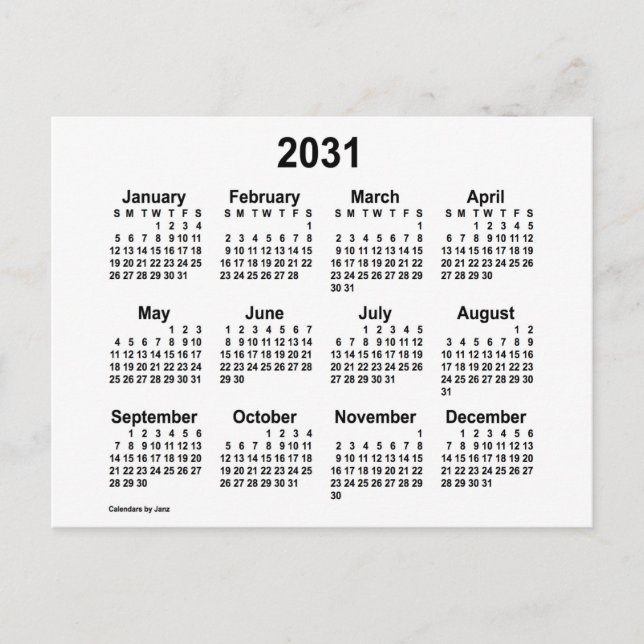 Carte Postale Mini calendrier blanc 2031 par Janz (Devant)