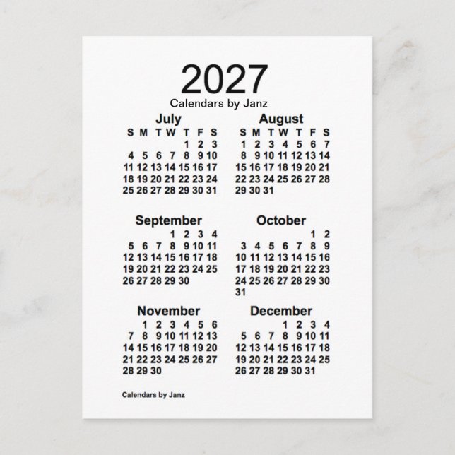 Carte Postale Mini calendrier blanc de 6 mois 2027 par Janz (Devant)