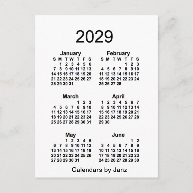 Carte Postale Mini calendrier blanc de 6 mois 2029 par Janz (Devant)