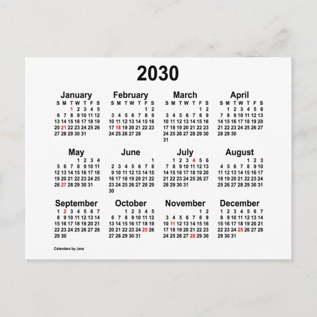 Carte Postale Mini calendrier des fêtes blanches 2030 par Janz (Devant)