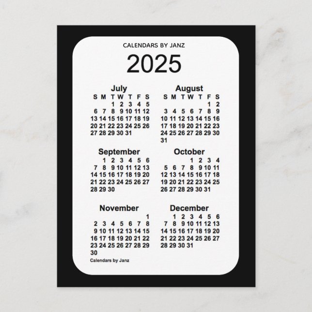 Carte Postale Mini calendrier noir 6 mois 2025 par Janz (Devant)