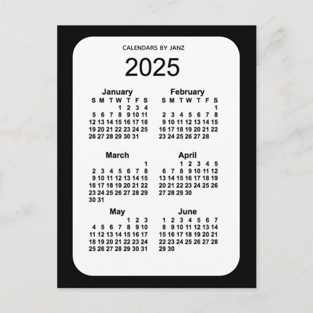 Carte Postale Mini calendrier noir 6 mois 2025 par Janz (Devant)