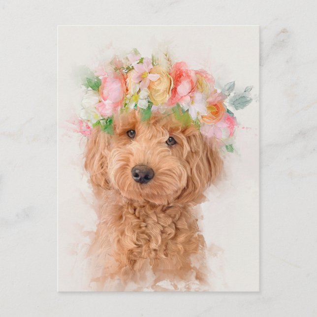 Carte Postale Mini Goldendoodle Portrait de la Couronne de la fl (Devant)