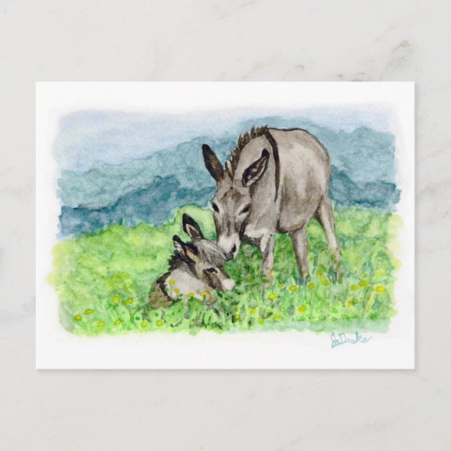 Carte Postale Miniature Ânesse Maman et Bébé Art à l'aquarelle (Devant)