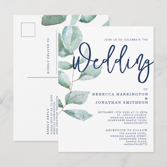 Carte Postale Minimal moderne Eucalyptus Green Mariage bleu mari (Devant / Derrière)