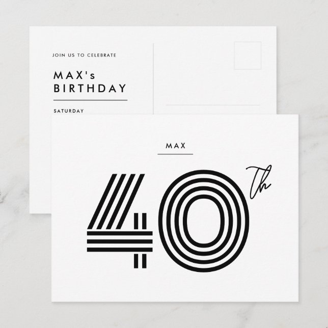 Carte postale minimale pour invitation 40e anniver (Devant / Derrière)