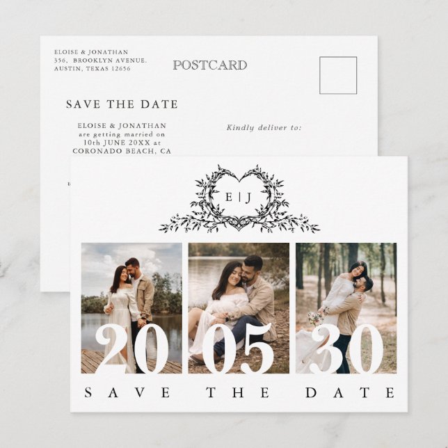Carte Postale Minimalist Calligraphy monogram Save the Date (Devant / Derrière)
