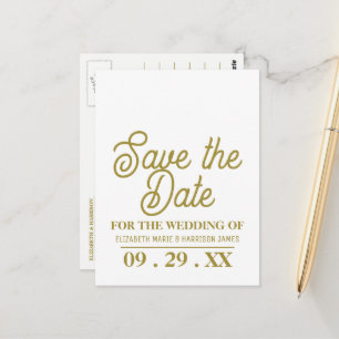 Carte Postale Minimaliste, Blanc & Or, Mariage Enregistrer la Da