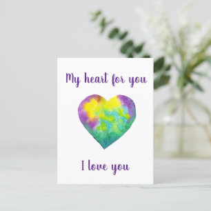 Carte Postale Minimaliste Je t'aime cœur aquarelle arc-en-ciel  