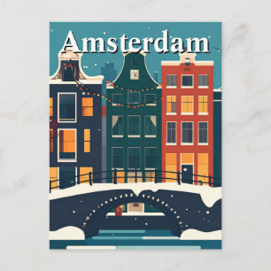 Carte Postale Minimaliste Retro Hiver aux maisons du canal d'Ams