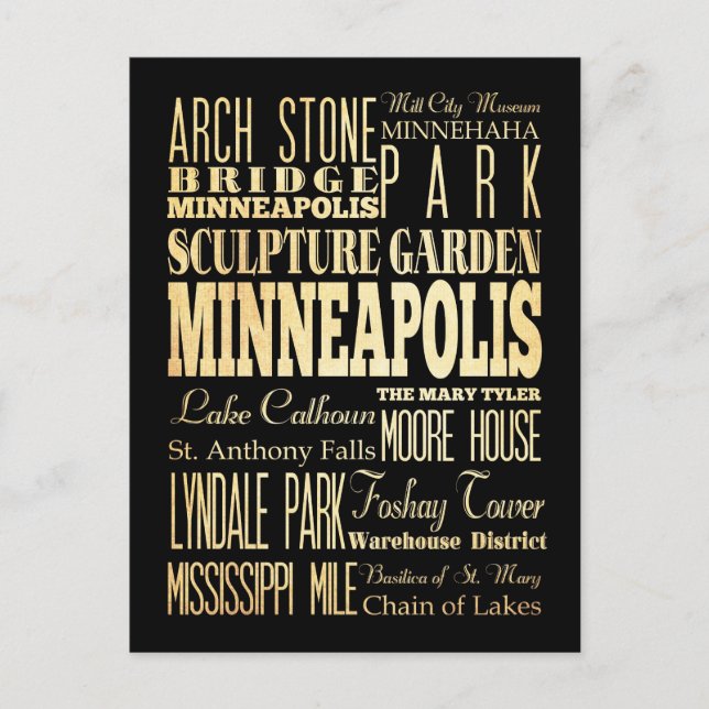 Carte Postale Minneapolis Ville du Minnesota Typographie d'état  (Devant)