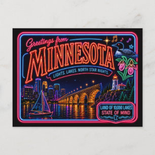 Carte Postale Minnesota Neon État Rétro Vintage