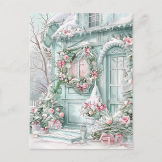 Carte Postale Mint and Pink Christmas House Postcard
